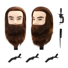 Cabeza de maniquí con 100% de cabello real, Cabeza de Maniquí Masculino con Barba, destinada a Formación en Peluquería y Estética (Marrón)