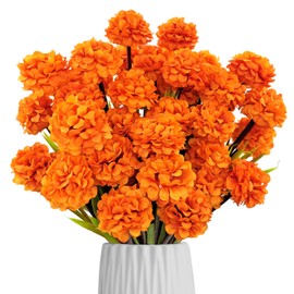 FOUSUKA Fall Fake Mums Artificial Flowers, 6 Pack 42 Heads Faux Silk Small Chrysanthemum Ball Plastic Plants Outdoor UV Resistant for Autumn Home Kitchen Outside Porch Garden Pots Decoration (Orange)