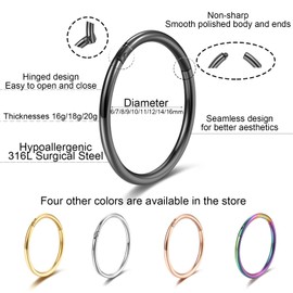 Nose Ring Black Hinged 20 g 18 g 16 g Nose Piercing Ring 6 mm - 16 mm Septum Ring Clicker Piercing Set, Metal, No gemstone
