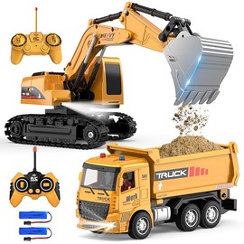 Remote Control Excavator and Dump Truck Toy Set - RC Construction Vehicles Toy with Barricades, Road Signs, Simulated Rocks, Lights and Sounds, Present for Toddlers 3-12 Year Boys Girls