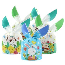 Easter Bunny Treat Bags Cute Rabbit Long Ear Candy Gift Bags, 50 Pieces Bunny Chick Egg Print Goodie Plastic Bag with Rabbit Ears Ties in 3 Patterns for Kids Homemade Easter Party Favor Supplies