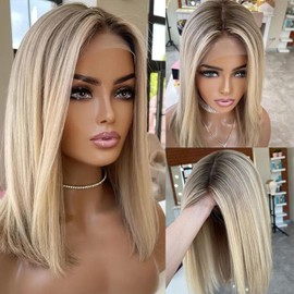 Balayage Ash Blonde Bob Wigs Human Hair Pre Plucked Double Drawn Ombre Highlight Straight Short Blonde Bob with Brown Dark Roots HD Remy Hair 13x4 Lace Front Colored Wig Human Hair for Woman 12In 180%