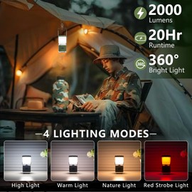 Small Camping Lantern Rechargeable, 2000LM LED Camping Lights Lantern with Redlight&20Hours Runtime& Stepless Dimming, Hurricane Emergency Lights for Power Outages, Waterproof, Camping Essentials,2pcs