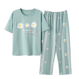 Vopmocld Big Girls' Short Sleeve Long Pants Pajama Sets 2PCS Cartoon Pattern & Letters Printed Sleepwear Lounge for Teens, Floral-Green, 18