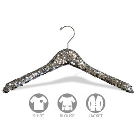 The Great American Hanger Company Silver Sequined Wooden Hanger, Box of 3 Curved 17 Inch Hanger with Hardwood Core and Polished Chrome Swivel Hook