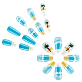 Coffin Press on Nails Medium False Nails with Coconut Tree Beach Design White Blue Glue on Nails Summer Fake Nails Medium Coffin Nails Press ons Glossy Acrylic Nails for Girls 24Pcs