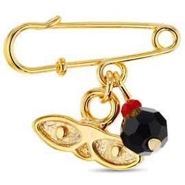 Gold Plated Classic Simulated Azabache St Lucy Charm Brooch Pin - Black Simulated Azabache St Lucy Eyes Pin Brooch - Stylish Protection Jewelry Gift for Babies