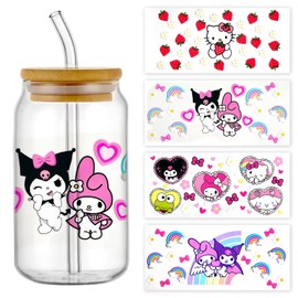 Cartoon UV DTF Cup Wrap Transfer Stickers for 16oz Glass Cups, Rub on Transfers for Crafts Cup Decal Stickers-4Sheets (Gold)