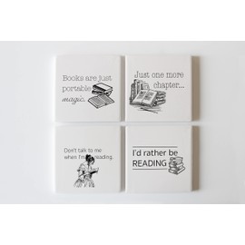 4 Absorbent Ceramic Drink Coasters with Cork Back, Artist Designed, 4” Square Coaster Set, Protects Tabletop, Great Housewarming Gift (I'm Reading (Simple))