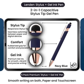 Lenden Pack of 5 Rubberized Comfort Soft Touch 2 in 1 Gel Ink Pen Capacitive Stylus Tip, Premium Metal Medium Point, Black Ink, Compatible with Most Touch Screens (Navy Blue)