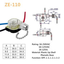DAYONE Ceiling Fan Pull Switch Zing Ear ZE-110 3 Wire 3 Way 2 Circuit 4 Position Fan Speed Pull Chain Light Switch Replacement with Pulling String, Nickel