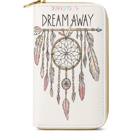 Dream Away Women's Zip Around Wallet Purse – Boho Dreamcatcher Design – PU Leather Clutch Style with Card Holders, ID Windows, Coin Pocket – Pink Interior