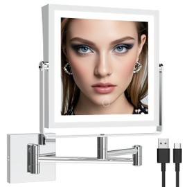 Ruacq Rechargeable Wall Mounted Makeup Mirror with Lights, Double Sided 1X/10X Magnifying Vanity Mirror with 3 Color Lighting, Touch Screen Dimmable, 360° Rotation Extension Foldable Arm(Chrome)