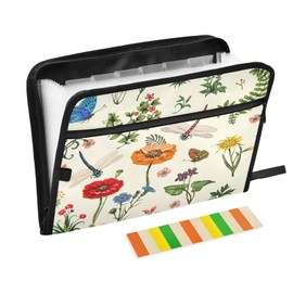 VIGTRO Summer Flowers Dragonflies 13 Pocket Expanding File Folder Waterproof with Sticky Labels, Spring Poppies FLetter A4 Paper Accordion Document Organizer with Zipper for Office and Classroom