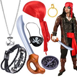 Pirate Costume Set, Pirate Costume Accessories, Pirate Sword Inflatable, Eye Patch Pirate, Pirate Headscarf, Red, Pirate Jewellery, Pirate Party, Pirate Captain Accessories for Men, Women, Children,