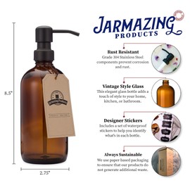 Amber Glass Jar Soap and Lotion Dispenser with Matte Black Pump - 16 oz - by Jarmazing Products