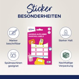 AVERY Zweckform NAME48C Namensaufkleber Kinder wasserfest 48 Stück (15x31mm, Folie, selbstklebende Namens-Etiketten, beschriftbare Namensschilder, Spülmaschinenfest, für Schule, Kindergarten) bunt