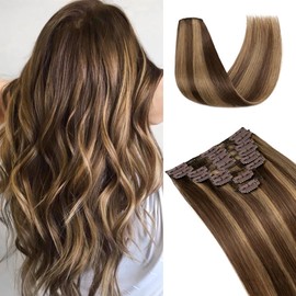 UK-Fashion-Shop Human Hair Extensions Clips in Real Hair Extension 8pcs 18 clips Long Straight Natural 10inch(50g)#4P27 Medium Brown & Dark Blonde