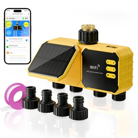 4 Zone Solar WiFi Sprinkler Timer, Smart Water Timer for Garden Hose 4 Outlets with Rain Delay/Automatic/Manual Watering System for Lawn Yard, APP Remote Voice Control Via 2.4Ghz WiFi No Need Hub