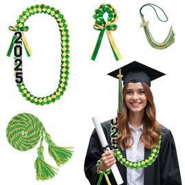 Graduation Ribbon Lei Class of 2025 Handmade Braided Necklace Honor Cord with Tassel Grad Lei Kit for Graduate Women Men High School College Grad Party Supplies(Gold+Green)