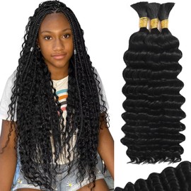 Human Braiding Hair 12A Deep Water Wave Bulk Human Hair for Braidng 110g 18 Inch Curly Boho Braids Human Hair Extensions No Weft 3 Braids Per Pack Boho Human Braiding Hair Curly Knotless Natural Black