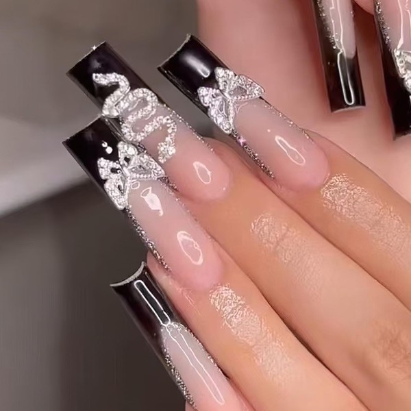 Jremg Black French Tip Press on Nails Long Square Fake