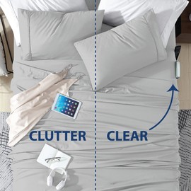 Swift Home Smart Sheets, Ultra Soft Brushed Microfiber 4-Piece Sheet Set, Fitted Bed Sheet with Side Storage Pockets – Silver, Queen