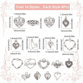 SUNNYCLUE 1 Box 84Pcs Heart Charms Valentine's Day Heart Love Charm Tibetan Style Antique Silver Sacred Heart Charms Angel Wing Hollow Hearts Charm Pendants for Jewellery Making Charms DIY Supplies