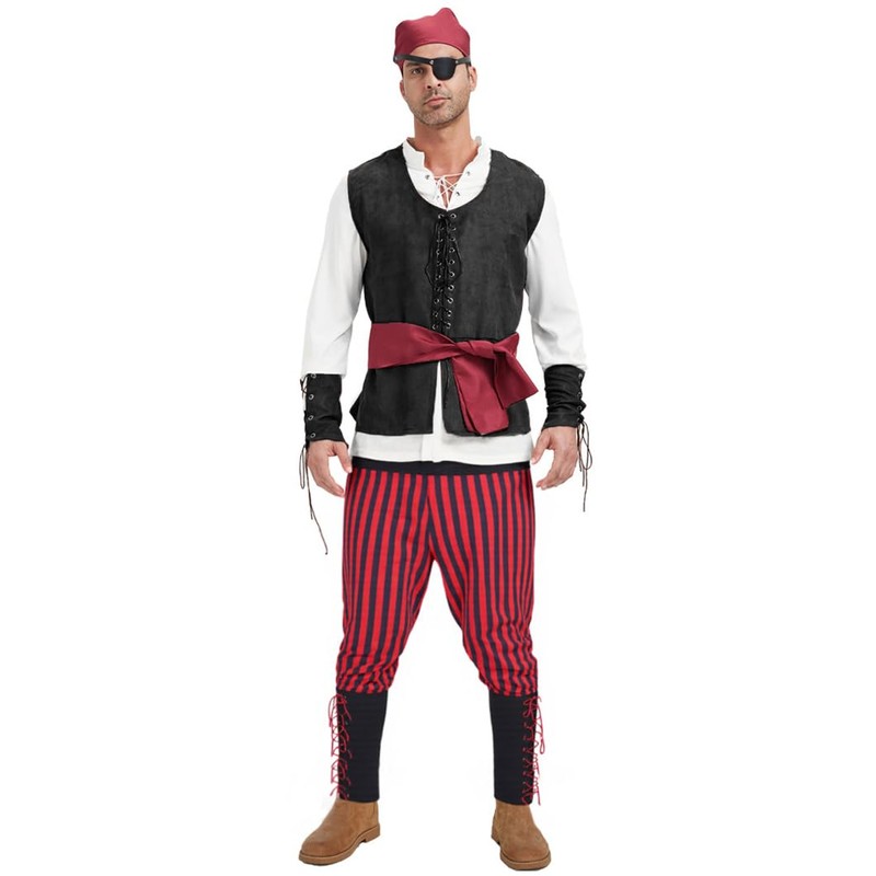 MALINRSSE 6 Pcs Men's Renaissance Pirate Costome Set Medieval Shirt