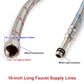 Midanya 16-Inch Long Faucet Connector, Braided Stainless Steel Supply Hose 3/8-Inch Female Compression Thread x M10 Male Connector,Bathroom Kitchen Faucet Connector,x 2 Pcs (1 Pair)