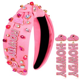 NVENF Knotted Headbands for Women, Western Cowgirl Headbands Rhinestone Crystal Knotted Headbands Cowboy Boot YEEHAW Beads Embellished Headbands Western Accessories (Pink Howdy)