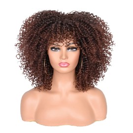 CoCrowns 10Inch Short Curly Afro Wigs with Bangs Bomb Afro Kinky Curly Wig for Black Women Synthetic Fiber Full Wig (Dark Brown)