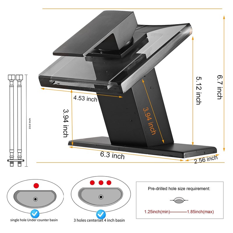 Bathroom Faucet Black Led Light 3 Color Changing Waterfall Glass