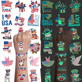 JoyfulGlam 4th of July Tattoos for Kids - 120+ PCS USA Fourth of July Temporary Tattoos,Glow in the Dark American Flag Patriotic Party Favors, 4th of July Party Accessories, Makeup Face Stickers