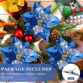 30 Pieces 8 Inches Large Christmas Artificial Poinsettia Flower Christmas Tree Glitter Faux Flowers Floral Wreath Garland Xmas Tree Ornaments for Wedding Holiday Wreath DIY (Blue)