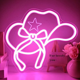 FJOKJINX Bow Cowgirl Hat Neon Signs for Wall Decor,Pink Bow Neon Lights Cowboy Hat Light up Signs for Girls Room Aesthetic Western Wall Art Led Sign for Bedroom Birthday Gifts