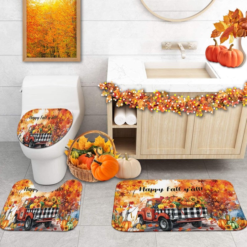 Arttown Fall Pumpkin Truck Bathroom Rug Set of 3,Autumn Maple