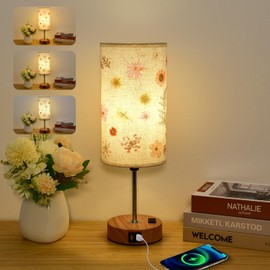 Woderdeng Flower Touch Table Lamp,3-Way Dimmable Bedside Lamps with USB Port and Outlet,Cute Lamp with Wood Grain Base,Vintage Lamp for Bedroom,Dormitory,Room Decor,flower2