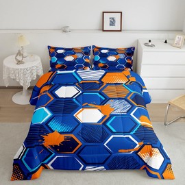 Honeycomb Kids Comforter Set Full Size,Geometric Hexagon Patchwork Bedding Set,Girls Boys Adults Room Decor,Modern Fashion Down Comforter,Blue Orange Bright ​Duvet Insert,2 Pillowcases