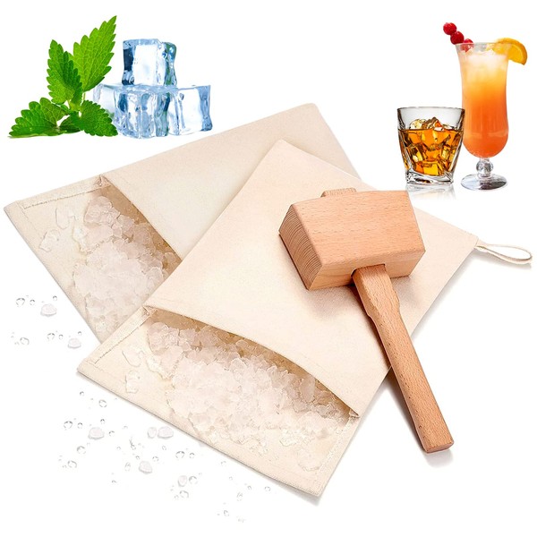 LFKJUMY Lewis Crushed Ice Bag, Professional Crushes Ice Dried Ice, Reusable 2 Cotton Bags and 1 Ice Hammer Crushed for Bar Bartender Kit Tools & Kitchen Accessories (3 Pack)