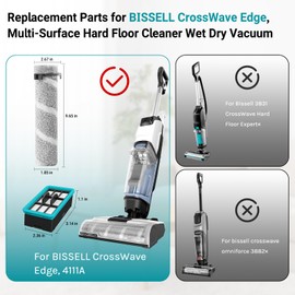 RONGJU 4111A Replacement Brushes and Filters for Bissell CrossWave Edge, Multi-Surface Hard Floor Cleaner Wet Dry Vacuum with Zero-Gap Edge Technology, 2 Pack Brushes and 2 Pack Filters