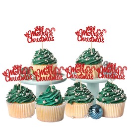 Gyufise 24Pcs Merry Christmas Cupcake Toppers Red Glitter Xmas Tree Deer Merry Christmas Cupcake Picks Decoration for Winter Christmas Theme Xmas Holiday Birthday Party Supplies