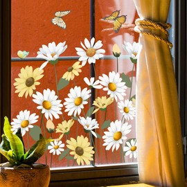 LOONELO Spring Summer Window Stickers, Daisy Floral Butterfly Window Clings, Double-Sided Seasonal Nature-Inspired Flower Glass Door Window Decals for Bedroom Living Room TV Office Home Decorations