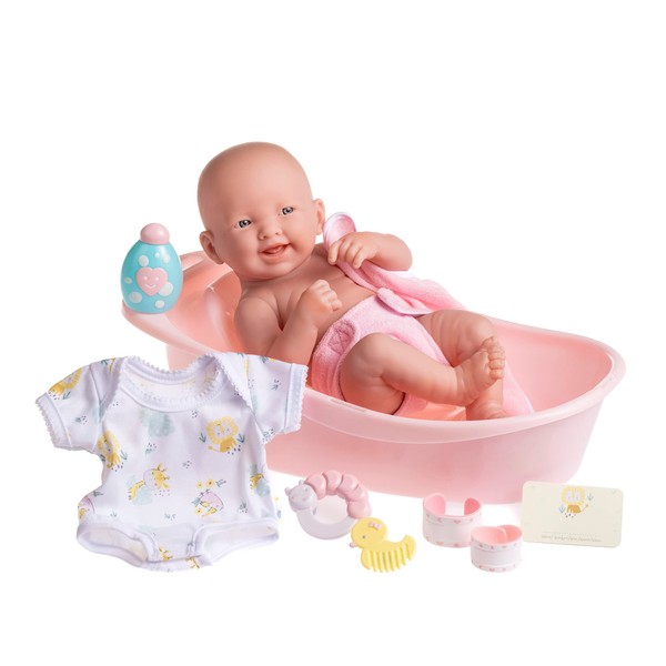 8 piece Layette Deluxe Bathtub Gift Set | JC Toys - La Newborn | 14" Life-Like Smiling Vinyl Newborn Doll w/ Accessories | Pink | Waterproof |Ages 2+