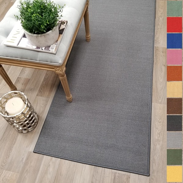 Custom Size Grey Solid Plain Rubber Backed Non-Slip Hallway Stair Runner Rug Carpet 22 inch Wide Choose Your Length 22in X 4ft