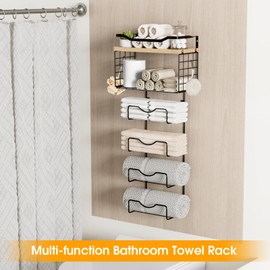 Towel Racks for Bathroom,Towel Rack Wall Mounted, 6 Tier Rolled Or Folded Towel Holder with Floating Shelves, Bathroom Towel Holder for Bath, Hand Towels,White,Walnut Wood Panel