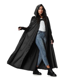 LMYOVE Women Hooded Gothic Cape Poncho Maxi Cloak Renaissance Medieval Costume for Womens Outwear Black 100CM/39 Inch