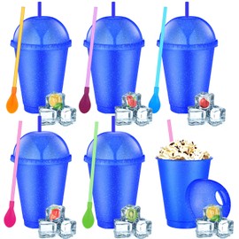 Ninehaoou 6 Set Slushie Cups with Dome Lids and Straws Detachable Spoon Straws Reusable Plastic Iced Coffee Cups Smoothie Tumbler for Birthdays Summer Party Supplies(Blue,16 oz)