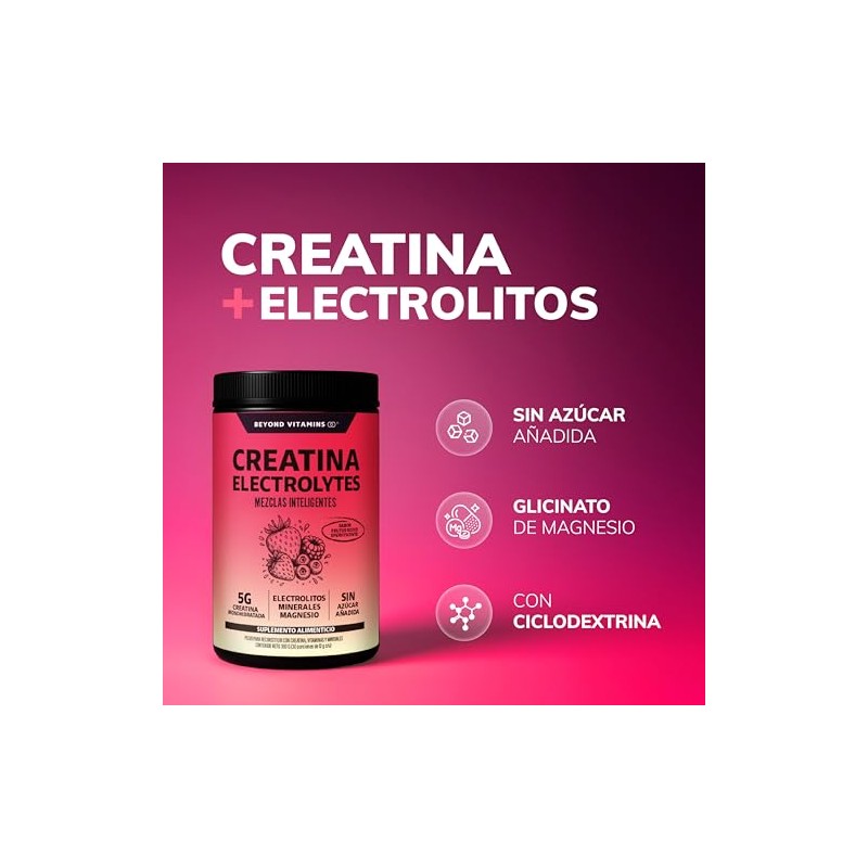 BEYOND VITAMINS Creatina Monohidratada con Electrolitos y Ciclodextrina para Mejor