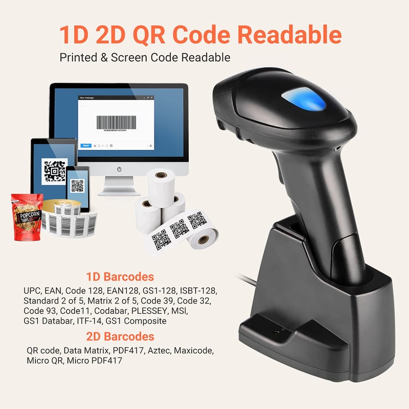 Tera 1D 2D QR Wireless Barcode Scanner with USB Charging